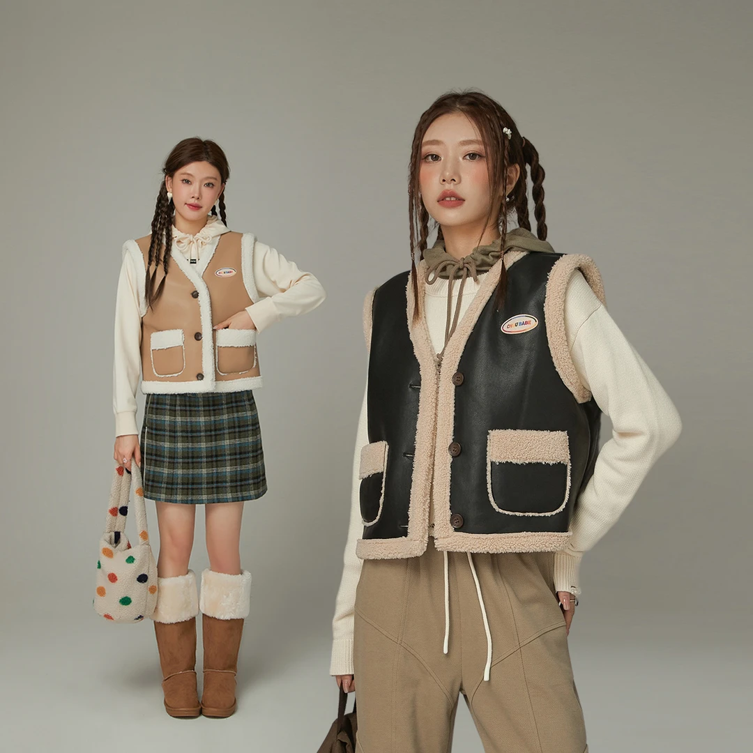 人造皮草 002J【云C专属】CHUU仿羊羔毛拼接无袖人造皮草-F