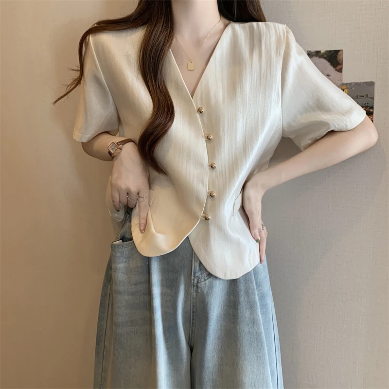 大码显瘦遮肚子V领小香风短袖西装外套女夏季胖mm高级感气质上衣