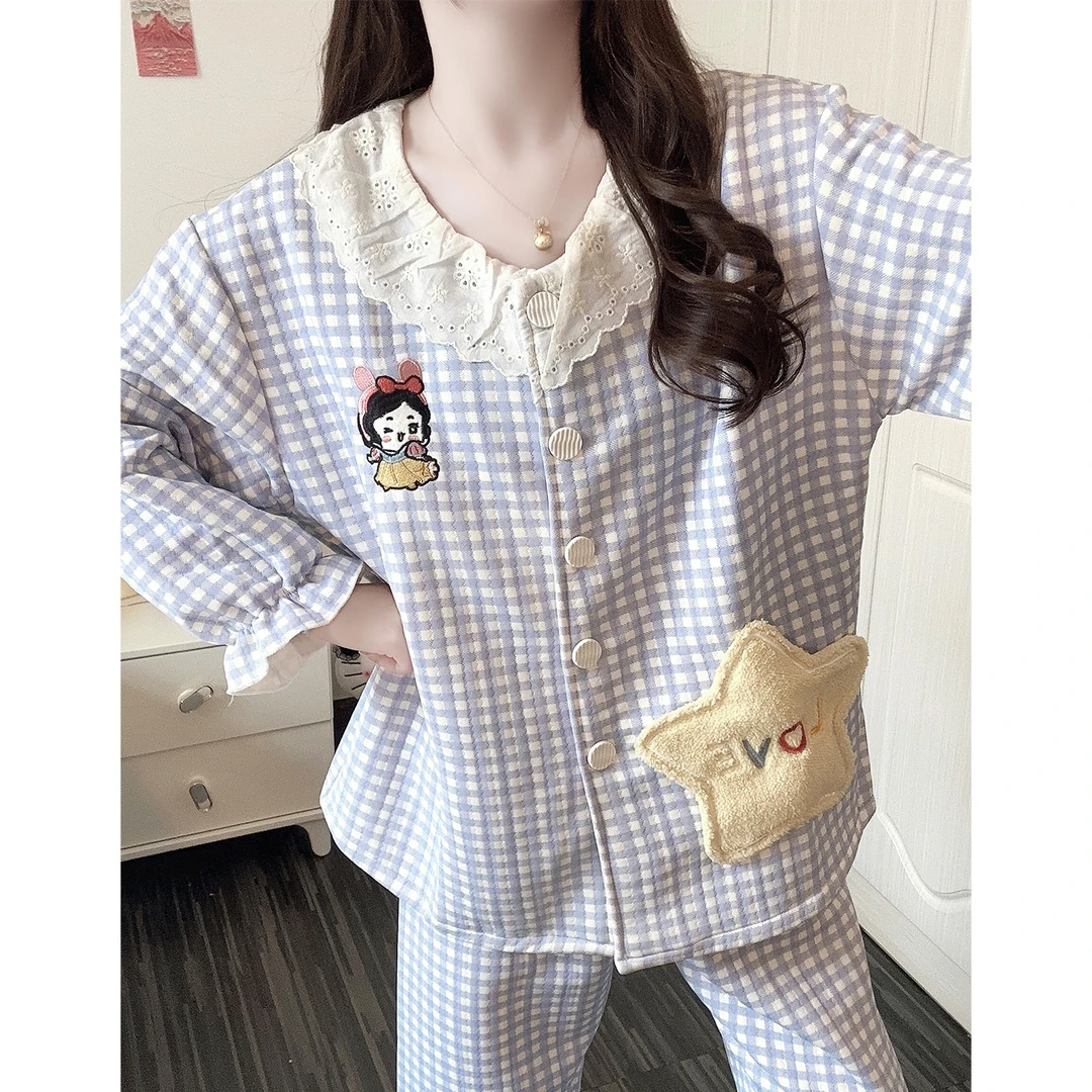 空气棉睡衣女款蓝色格子卡通少女2025新款夹层套装可外穿家居服