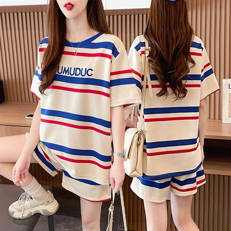 夏季网红条纹短袖T恤+短裤时尚两件套女2025新款韩版休闲运动套装