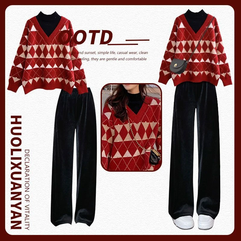 冬季套装女2025新款过年穿搭宽松假两件红色毛衣显瘦休闲裤两件套