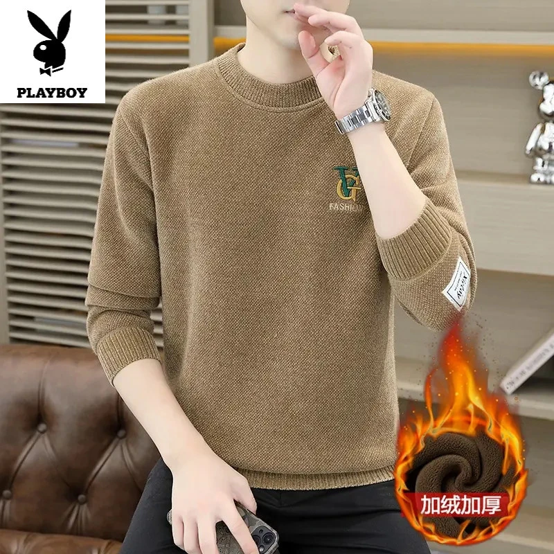花花公子圆领加绒秋冬季针织保暖新款一体毛衣加厚潮流打底男士针