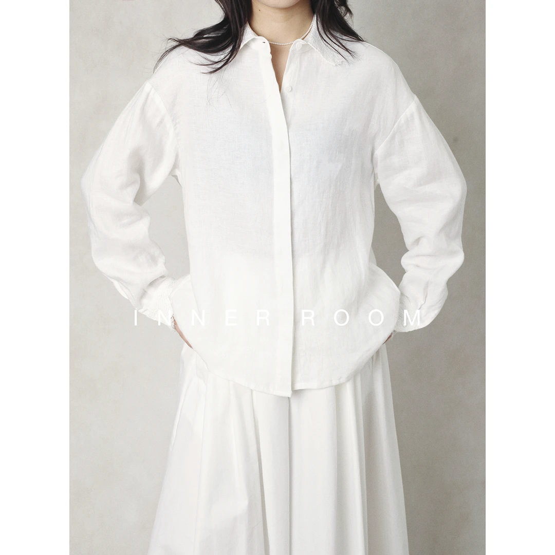 INNER ROOM松弛老钱蕾丝拼接纯亚麻衬衫女宽松简约防晒衬衣春夏