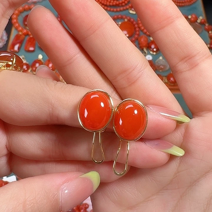 南红玛瑙银S925镶嵌耳饰