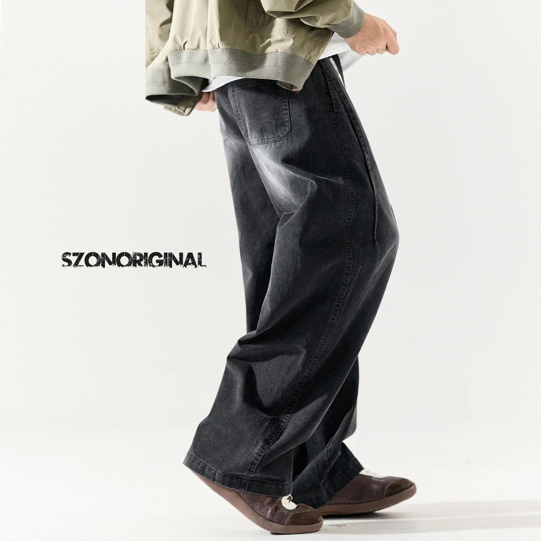 秋季裤子男复古褶皱直筒纯棉休闲裤潮牌水洗褪色慵懒风弯刀工装裤