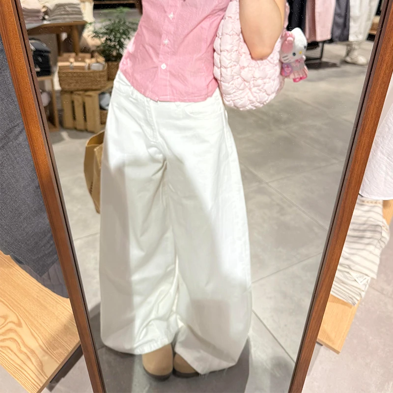 大码高级感复古水洗白色牛仔裤女夏季新款显高显瘦宽松垂感阔腿裤