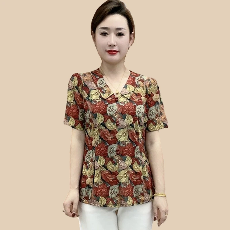 夏装短袖母亲节宽松小个子中老年女T恤妈妈装夏季翻领网红上衣女