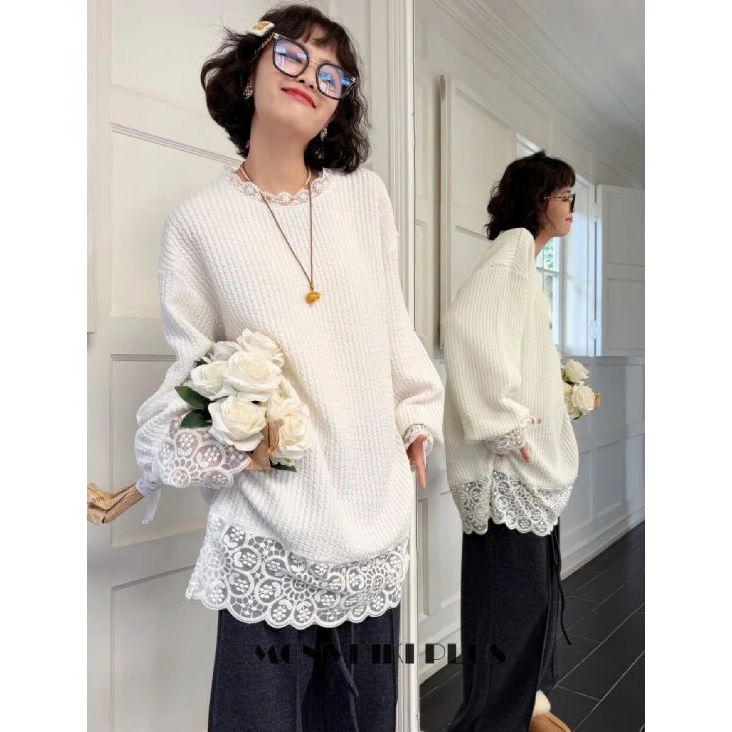 大漂亮魔女大码微胖仙女风加厚肌理感蕾丝上衣慵懒风长袖百搭宽松