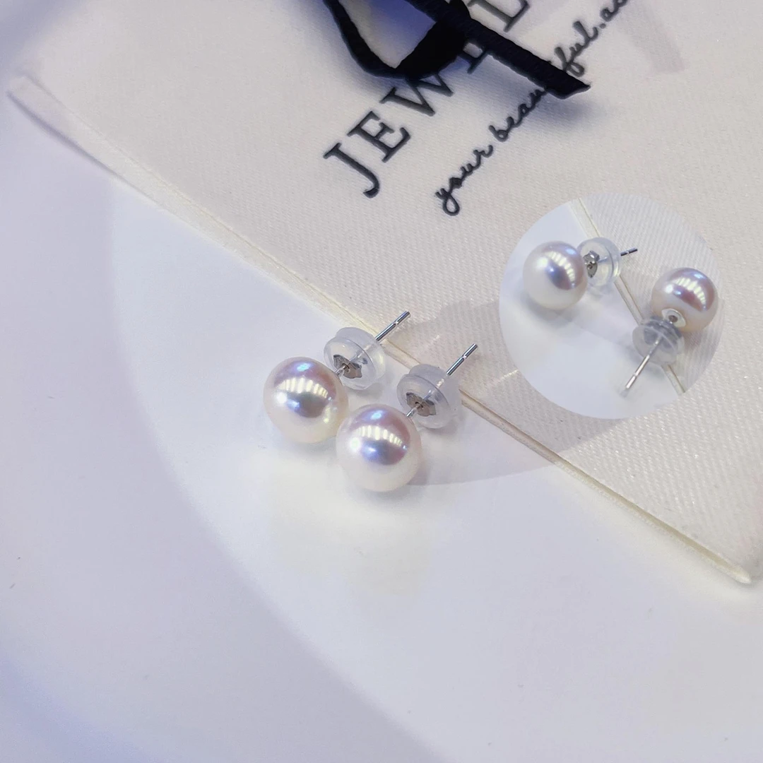 925银玻璃耳饰 灯泡级天然9-10mm淡水馒头耳钉素丁S925耳针现货