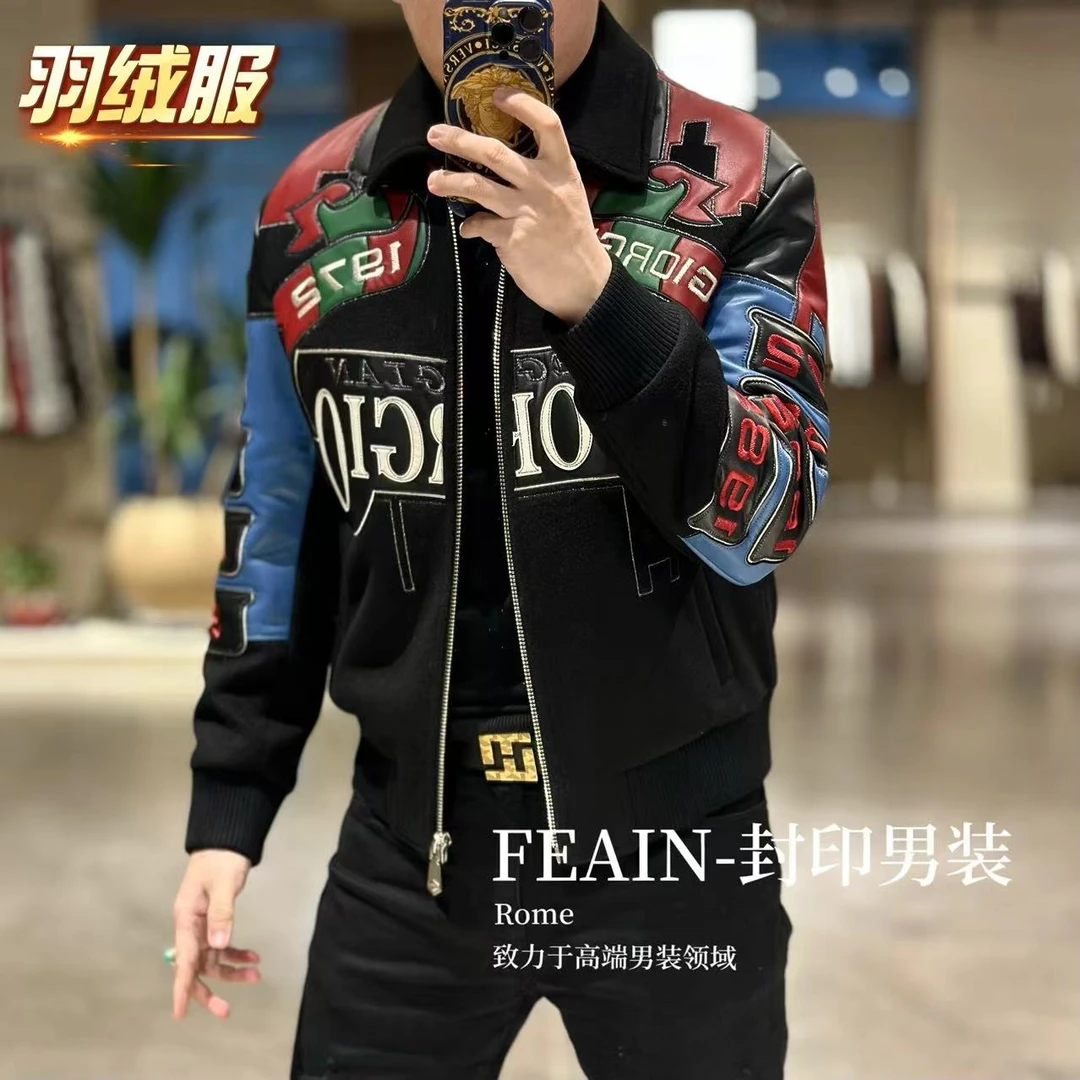 【乔治·雷迪尼】男士进口美利奴羊毛真皮拼接机车羽绒服257126