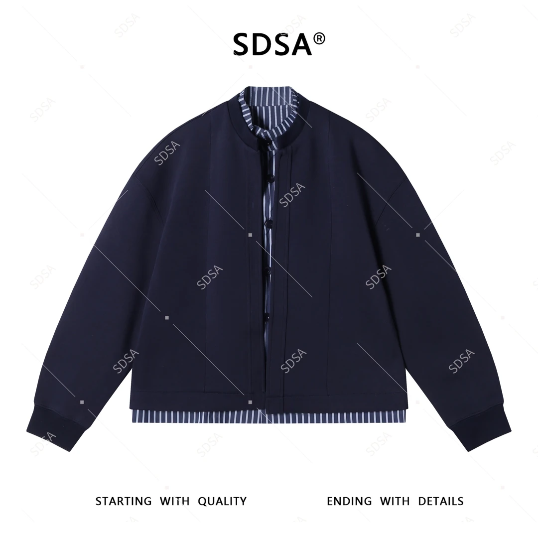 SDSA秋冬新款男士痞帅韩版简约撞色假两件纽卫衣扣外套宽松百搭