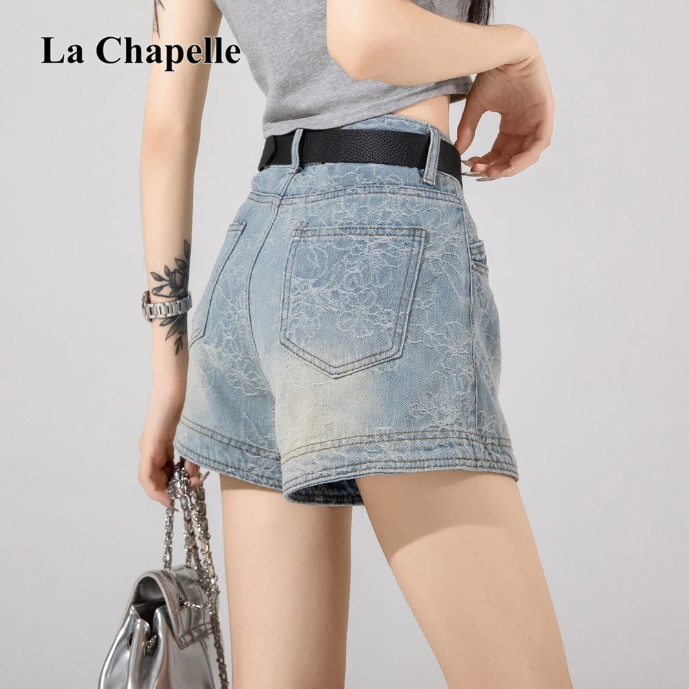 拉夏贝尔美式提花宽松牛仔短裤女夏季新款时尚百搭小众辣妹热裤薄
