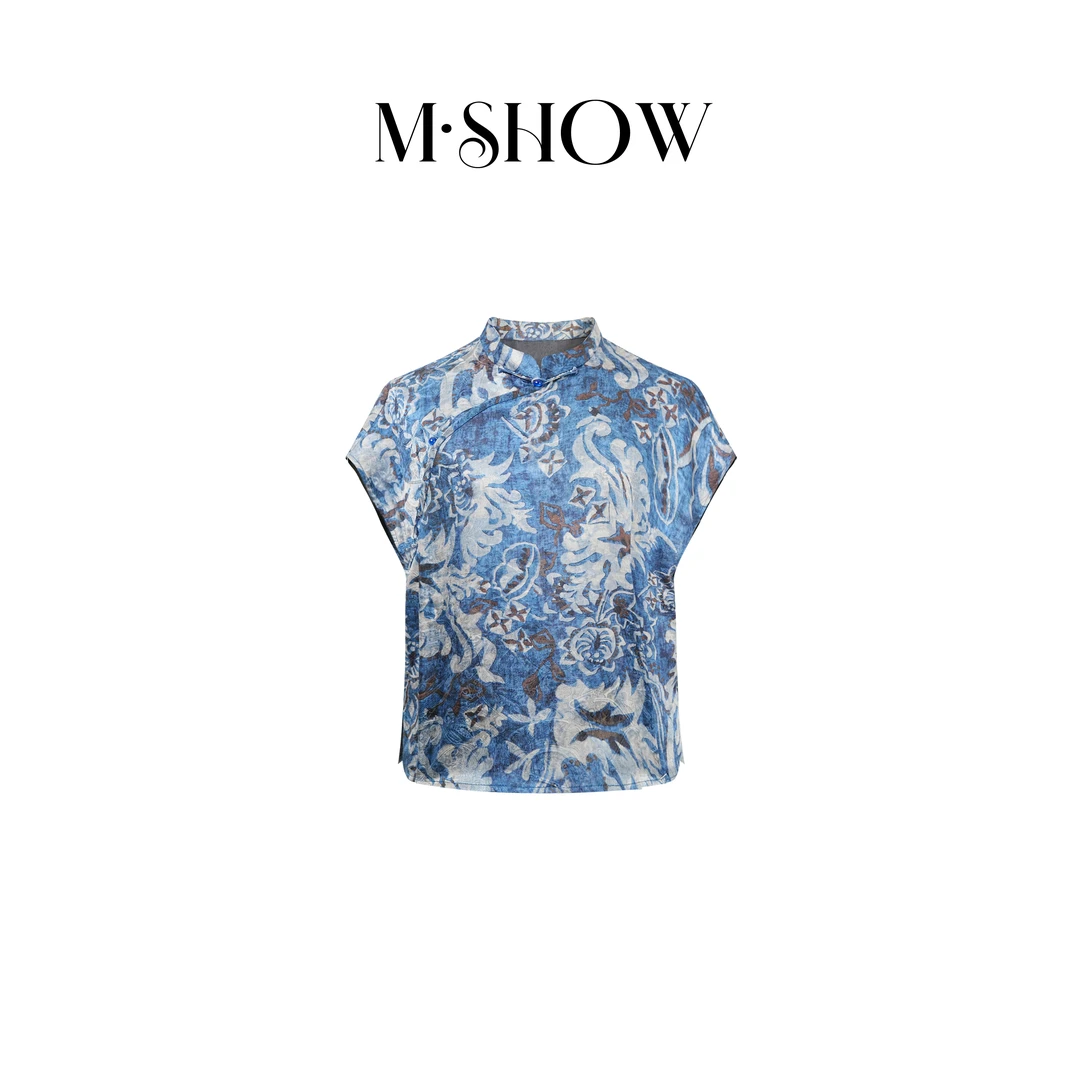 【墨秀丝绸】100%桑蚕丝22姆米青花瓷花罗女士真丝复古上衣585C