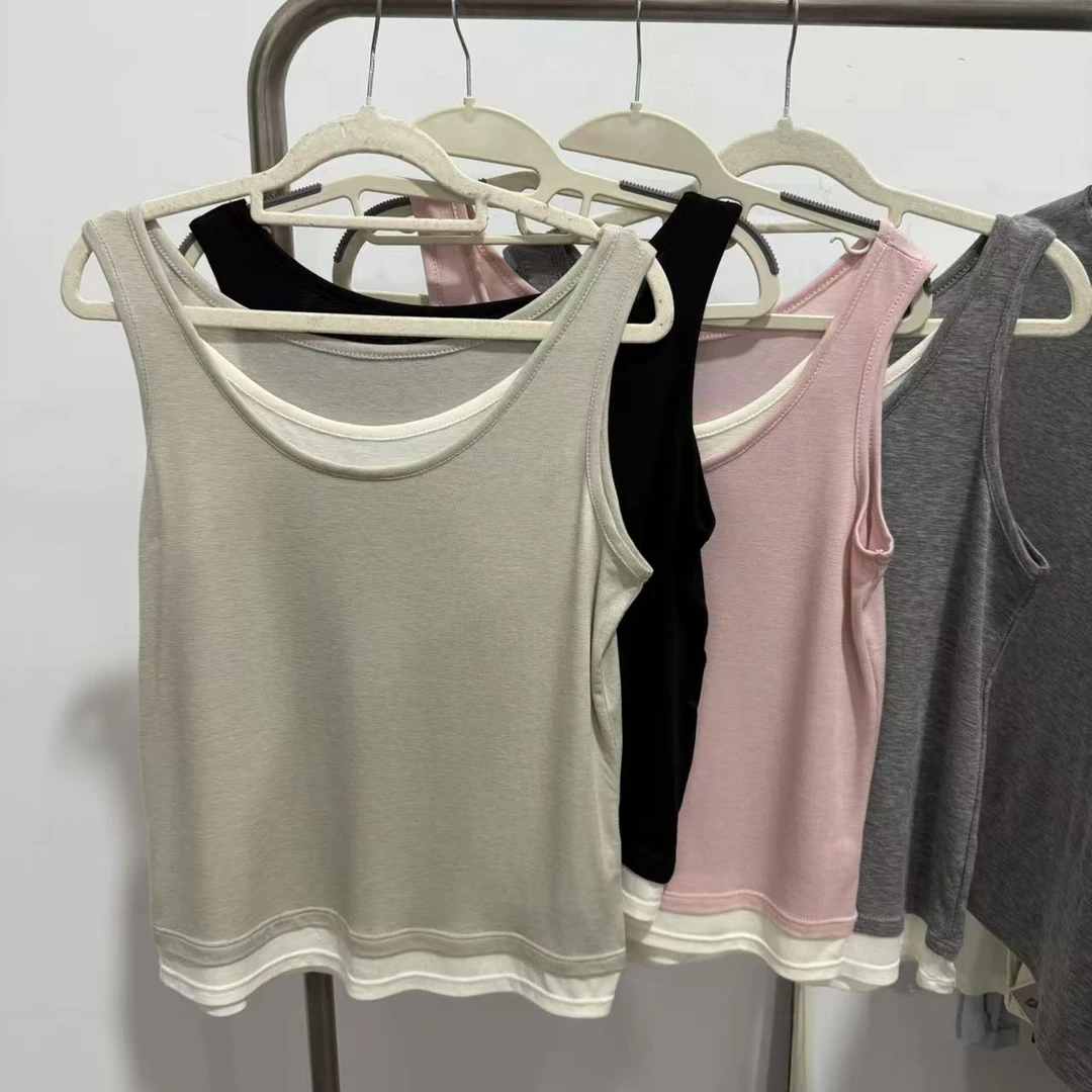 9939云感女背心假两件无袖背心女百搭小心机拼色圆领薄款吊带衫