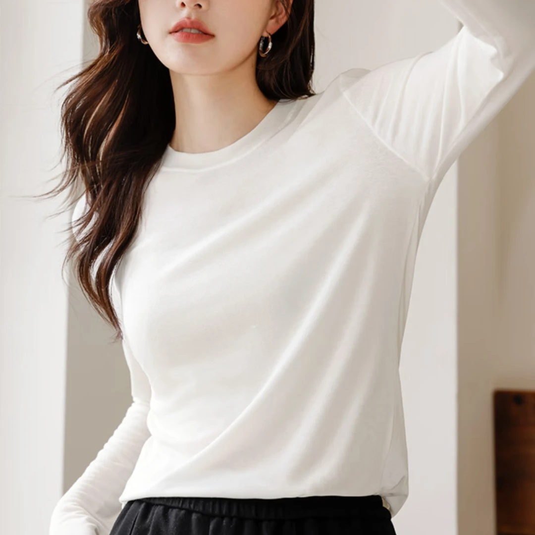 莱赛尔天丝羊毛打底衫纯色长袖T薄款时尚百搭打底衣圆领女士上衣