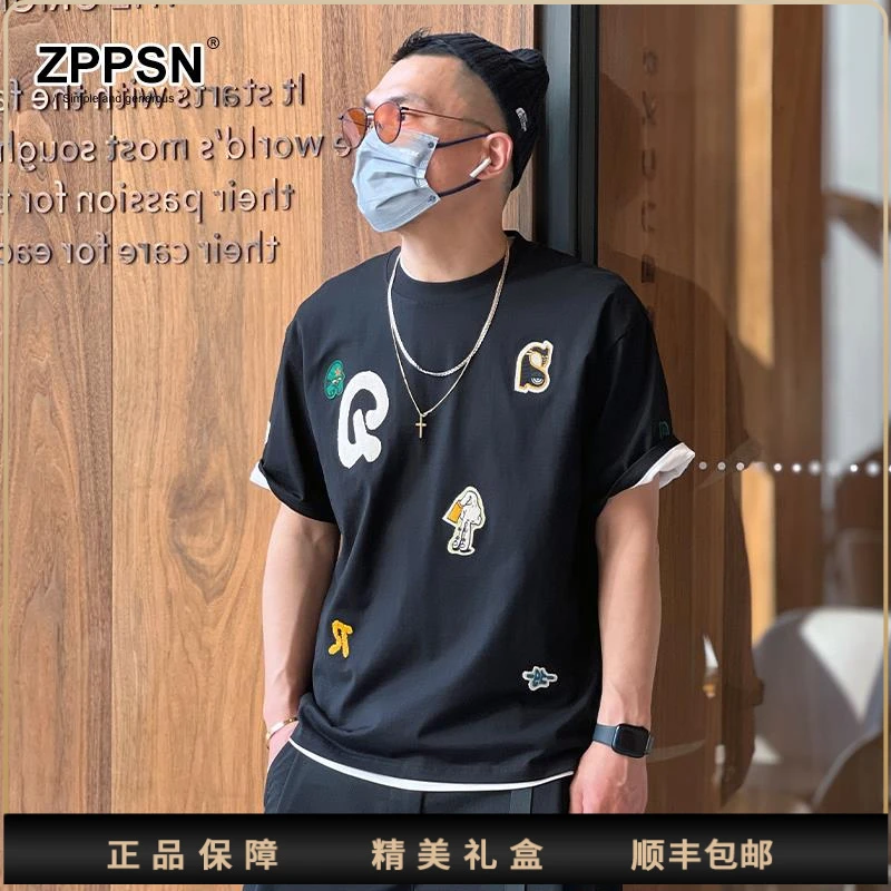 ZPPSN 夏季潮流刺绣贴布百搭半袖体恤式潮牌设计感休闲男士短袖恤