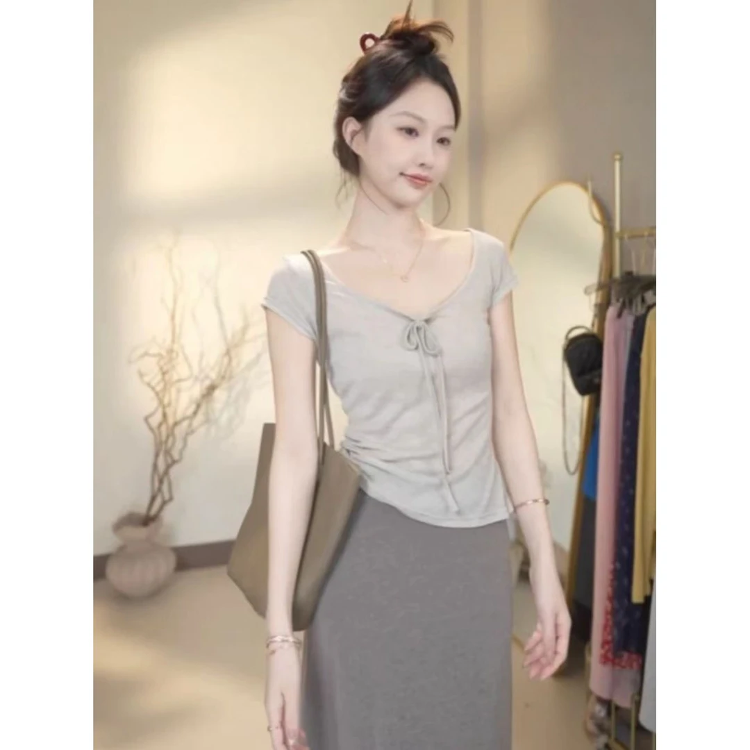 纯欲风系带领口薄款短袖t恤女夏季正肩轻熟百搭显瘦气质柔软上衣