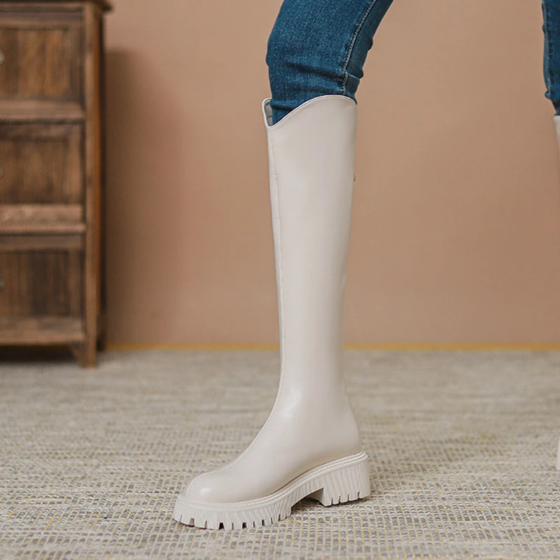 真皮不过膝长靴女2024新款英伦V口高筒后拉链弹力平底骑士靴秋冬