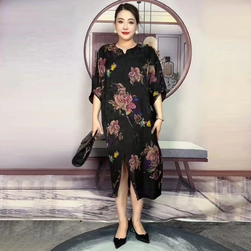 时髦女装洋气连衣裙夏季新款宽松大码遮肚显瘦中长裙高档印花长裙