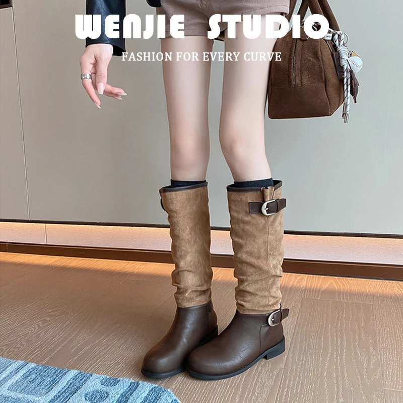 马思纯同款~增高6cm时髦扣带圆头拼接粗跟骑士长筒靴女堆堆短靴