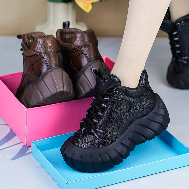 BH16828秋冬真皮休闲单加绒头层牛皮厚底老爹鞋女复古高帮休闲鞋