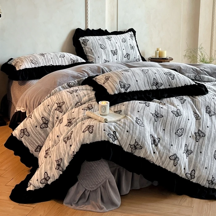 新款轻奢法式花边加厚夹棉冬季保暖双面绒牛奶绒床盖款四件套