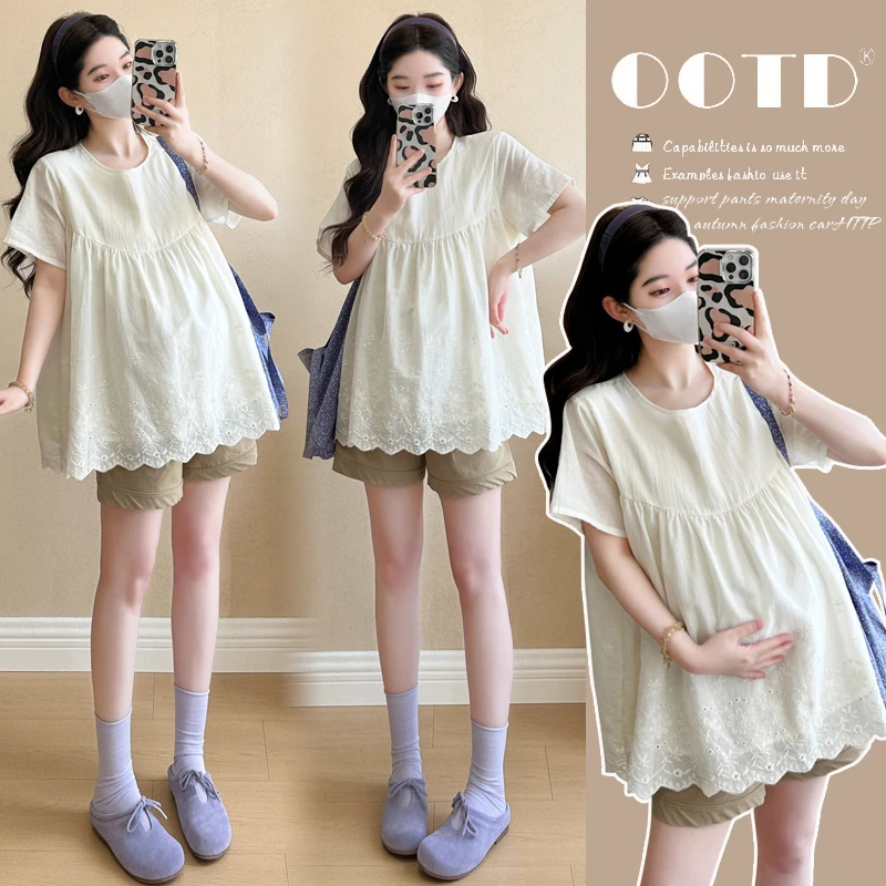 2025夏季新款孕妇韩版蕾丝刺绣娃娃衫上衣显瘦洋气薄款夏天甜美