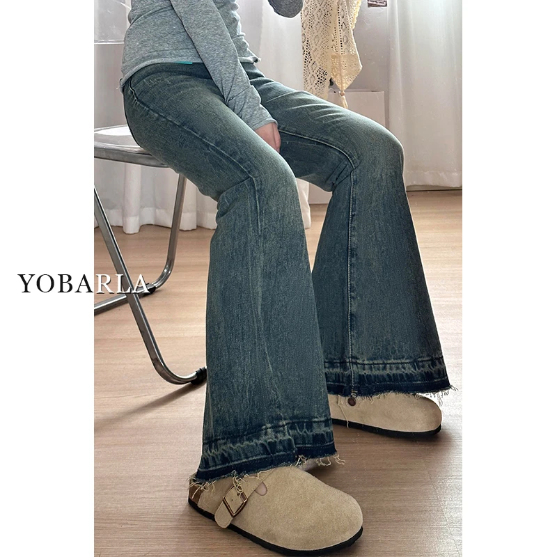 孕妇微喇春季2025牛仔裤喇叭裤外穿渐变宽松型托腹休闲高腰毛边