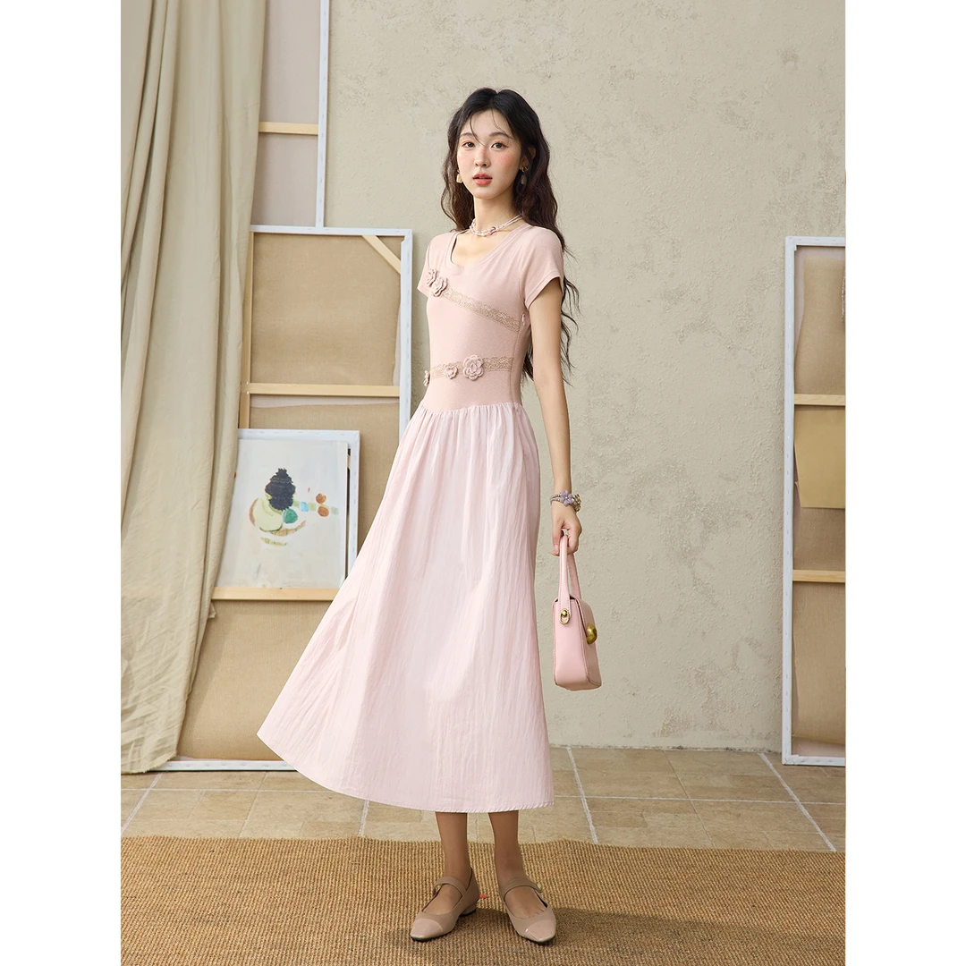 谜秀短袖拼接连衣裙子女夏季2025法式收腰显瘦气质长裙白色时尚