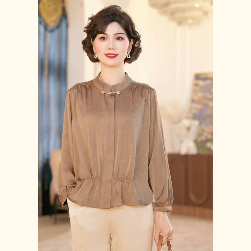 年轻妈妈春装时尚T恤衬衣2025新款洋气中老年女装长袖小衫上衣服