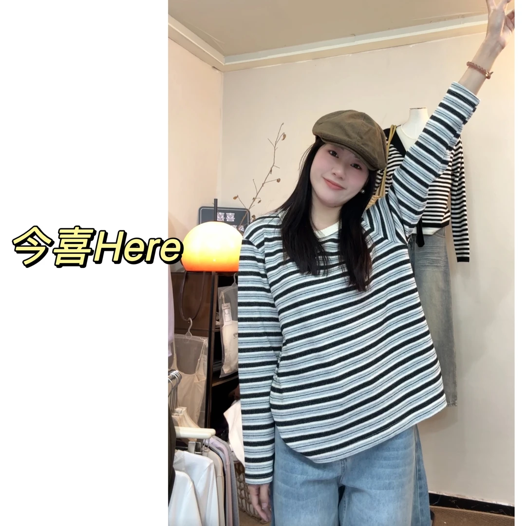 今喜Here.秋季新宠.韩系长袖圆领休闲风条纹套头韩版宽松毛衣