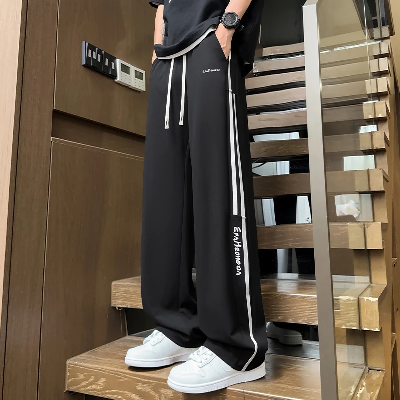 美式冰丝休闲裤男夏季潮牌垂感直筒拖地裤宽松显瘦透气运动长裤子