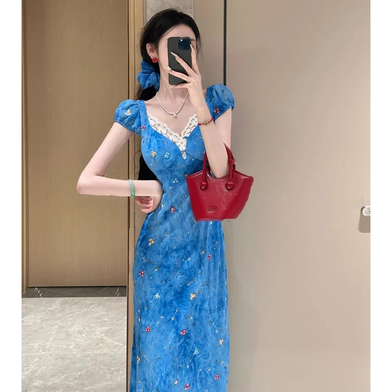 2025夏季新款蓝调蓝色气质长裙雪纺扎染修身连衣裙D1700