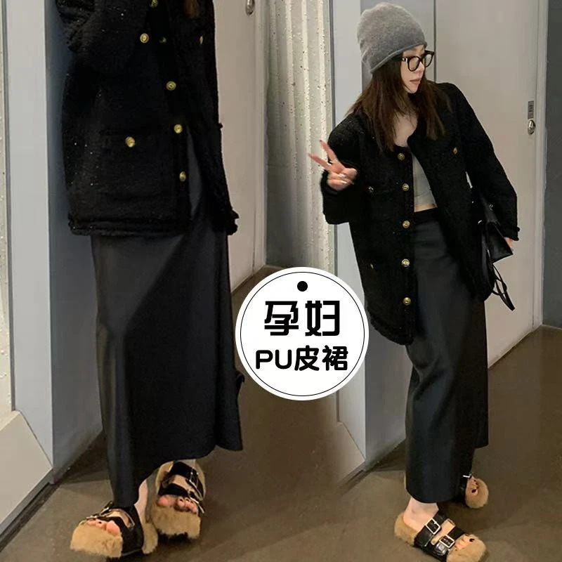 时尚孕妇秋冬新款直下摆法式H型女长袖短外套时尚洋气显瘦皮裙