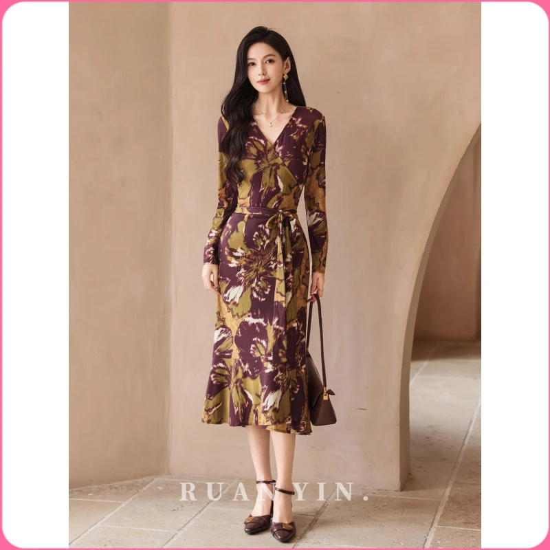 RUAN YIN法式连衣裙女2025新款早秋长袖鱼尾摆收腰修身裙气质度假
