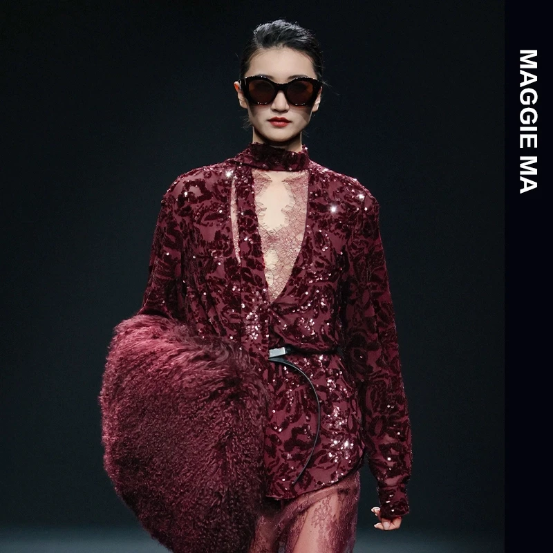 MAGGIE MA马婧设计师款热情红亮片闪耀璀璨迷人衬衫137S