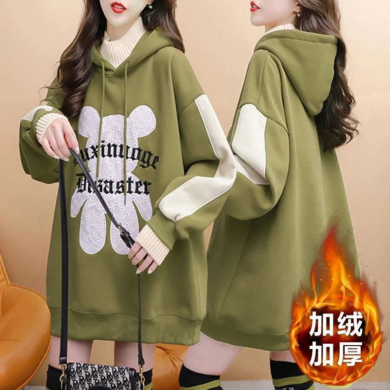 加绒加厚假两件连帽卫衣女2025新款冬季保暖宽松韩系小熊外套上衣