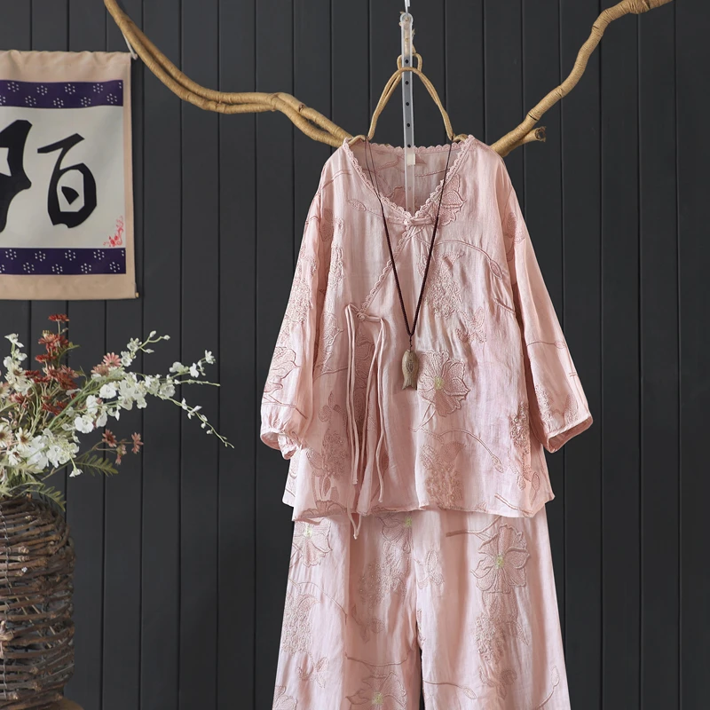 新中式文艺七分袖V领重工刺绣T恤小衫女薄款凉爽宽松改良汉服茶服