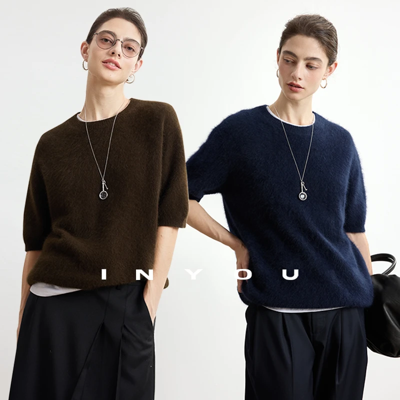 知识分子软糯秋针织半圆领短袖T恤上衣