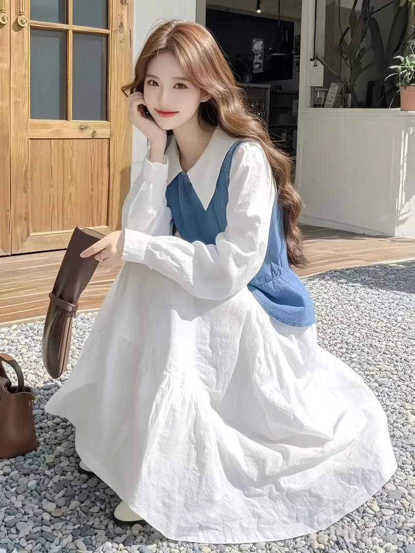 2025春季韩系穿搭一整套高级感牛仔马甲白色娃娃领连衣裙显瘦套装