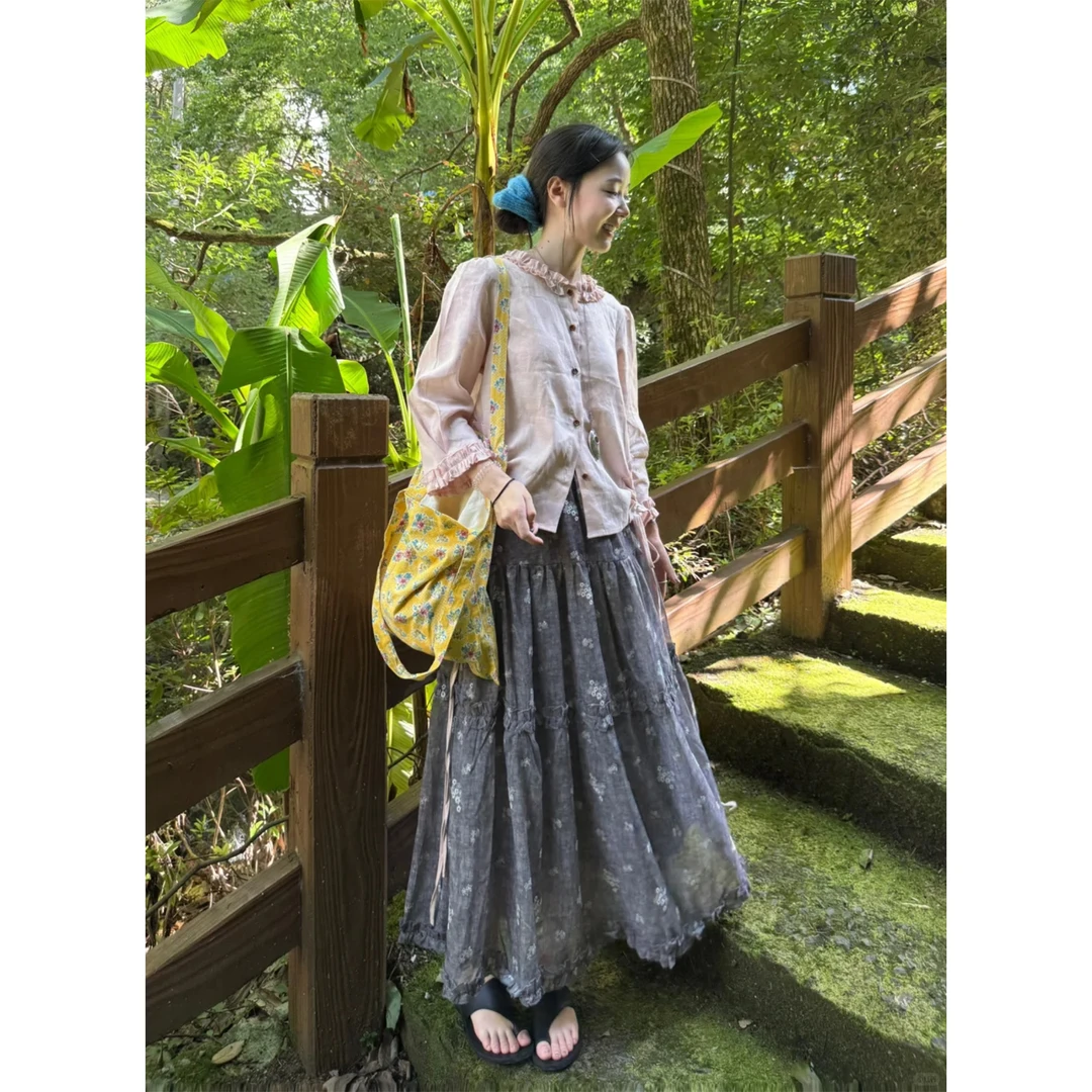 韩系褶皱木耳边长袖气质衬衫短上衣深灰色花朵刺绣大摆半身裙长裙