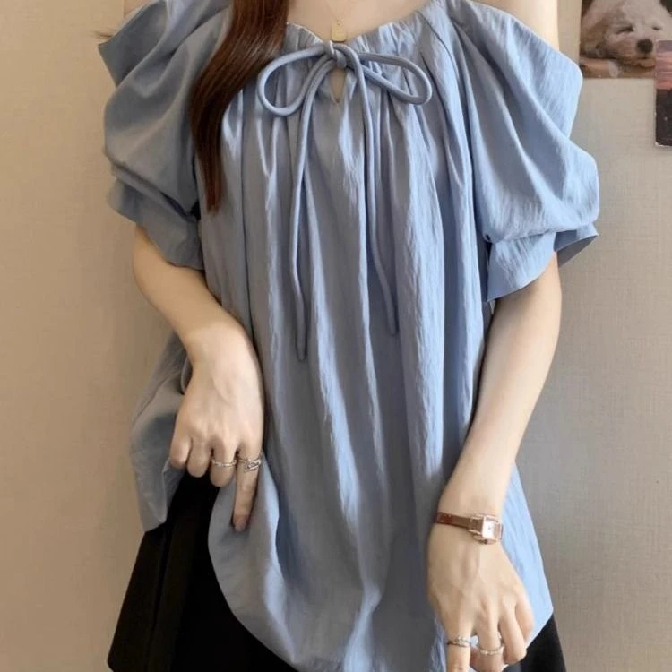 大码设计感一字肩花苞短袖衬衫女夏季新款胖mm宽松显瘦露肩上衣女