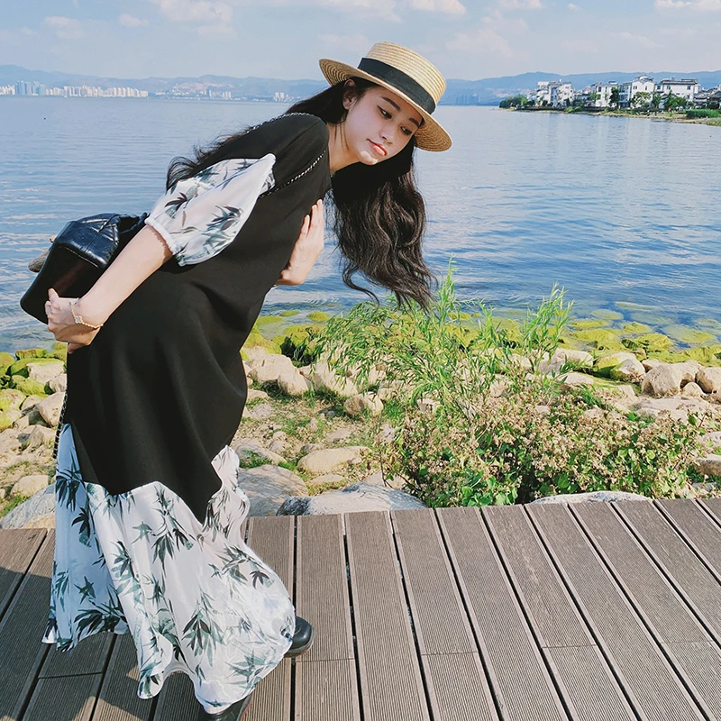新中式风竹叶印花连衣裙女夏季新款法式宽松显瘦拼接T恤裙