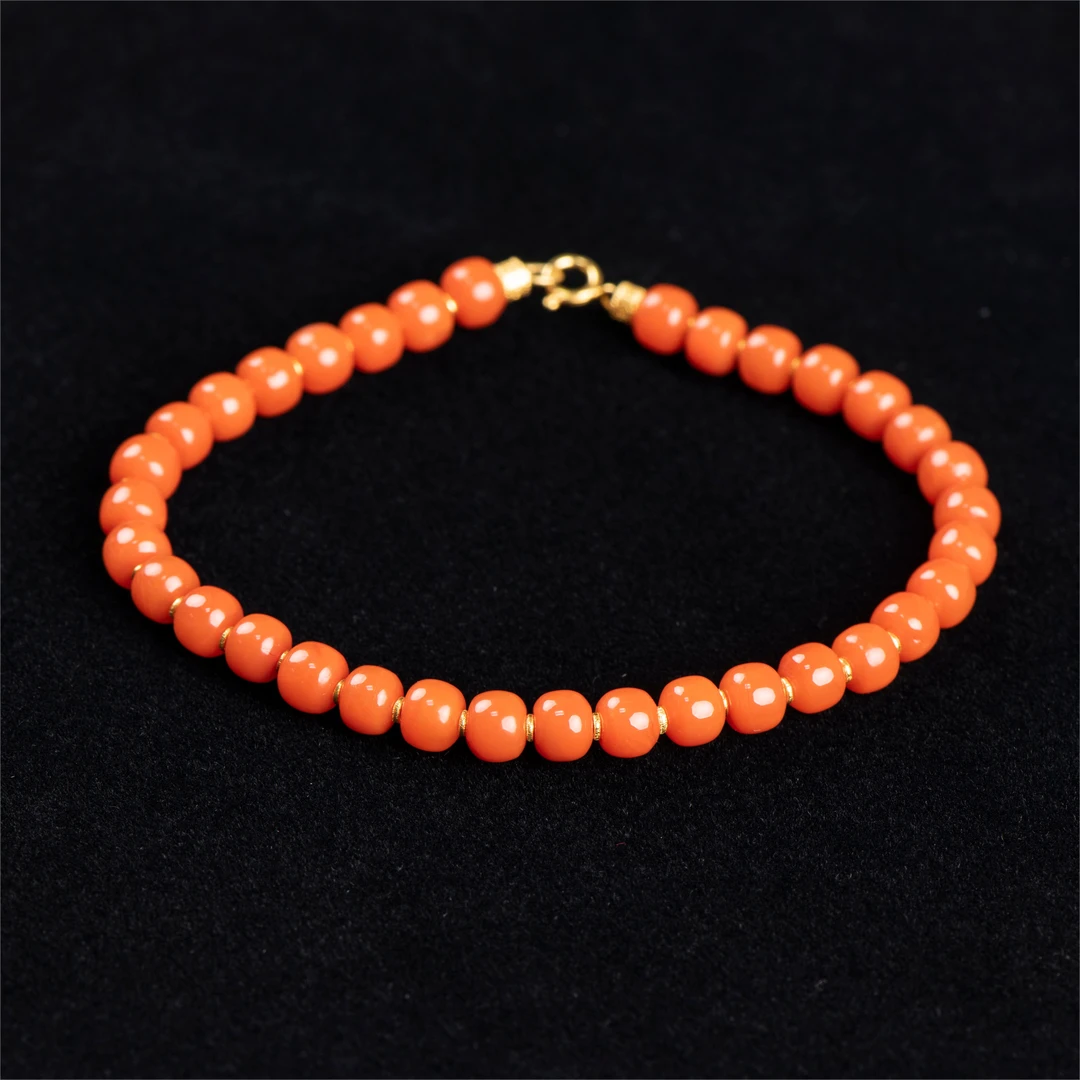 南红老型手串 18K金 珠径约4-5mm 手围15cm 金约0.6g L