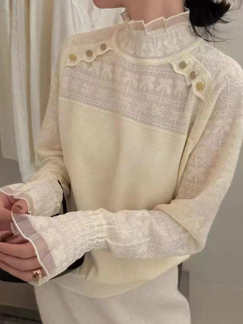 胖胖家*5966新款蕾丝拼接洋气百搭显啊花苞领打底衫