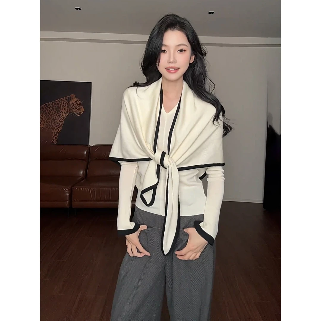 真两件三角披肩设计感针织衫女新款韩版时尚休闲显瘦上衣