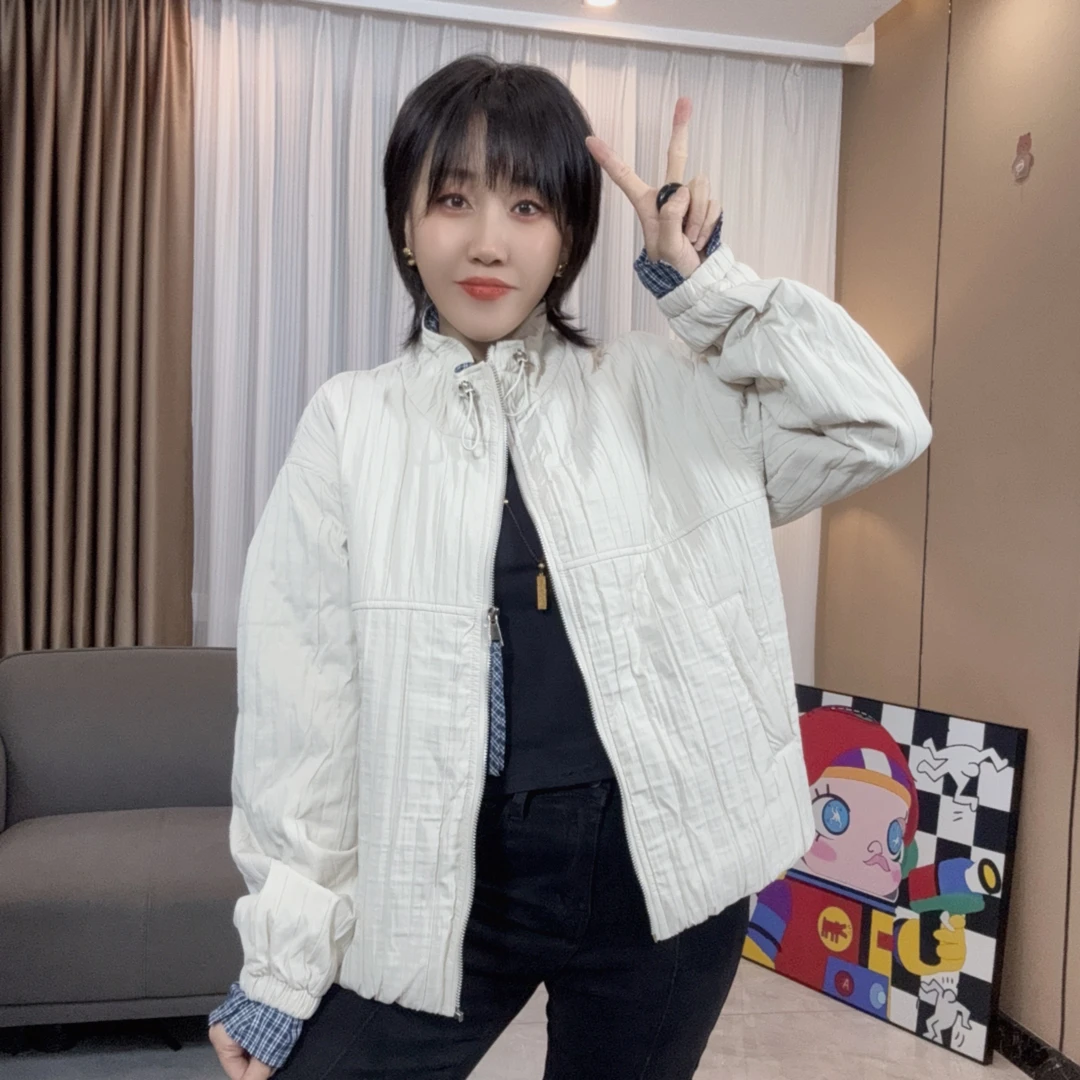 2025秋季新款长袖女落肩袖拉链立领短薄棉外套设计感小众上衣