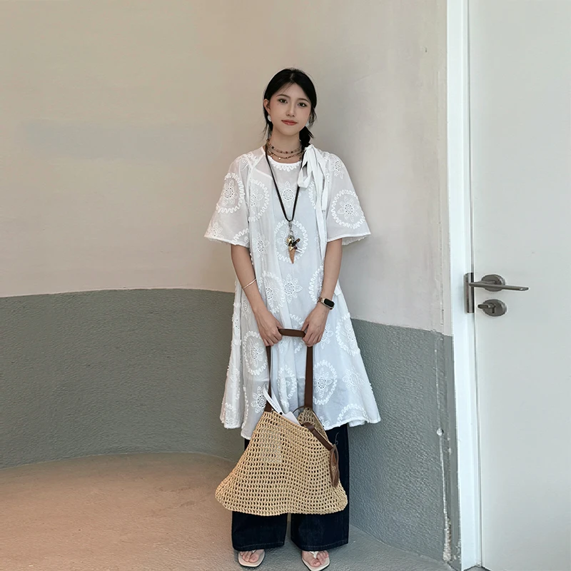 【VIINS】SONGFORIDEAL刺绣镂空连衣裙女夏新款束腰显瘦中长裙3017