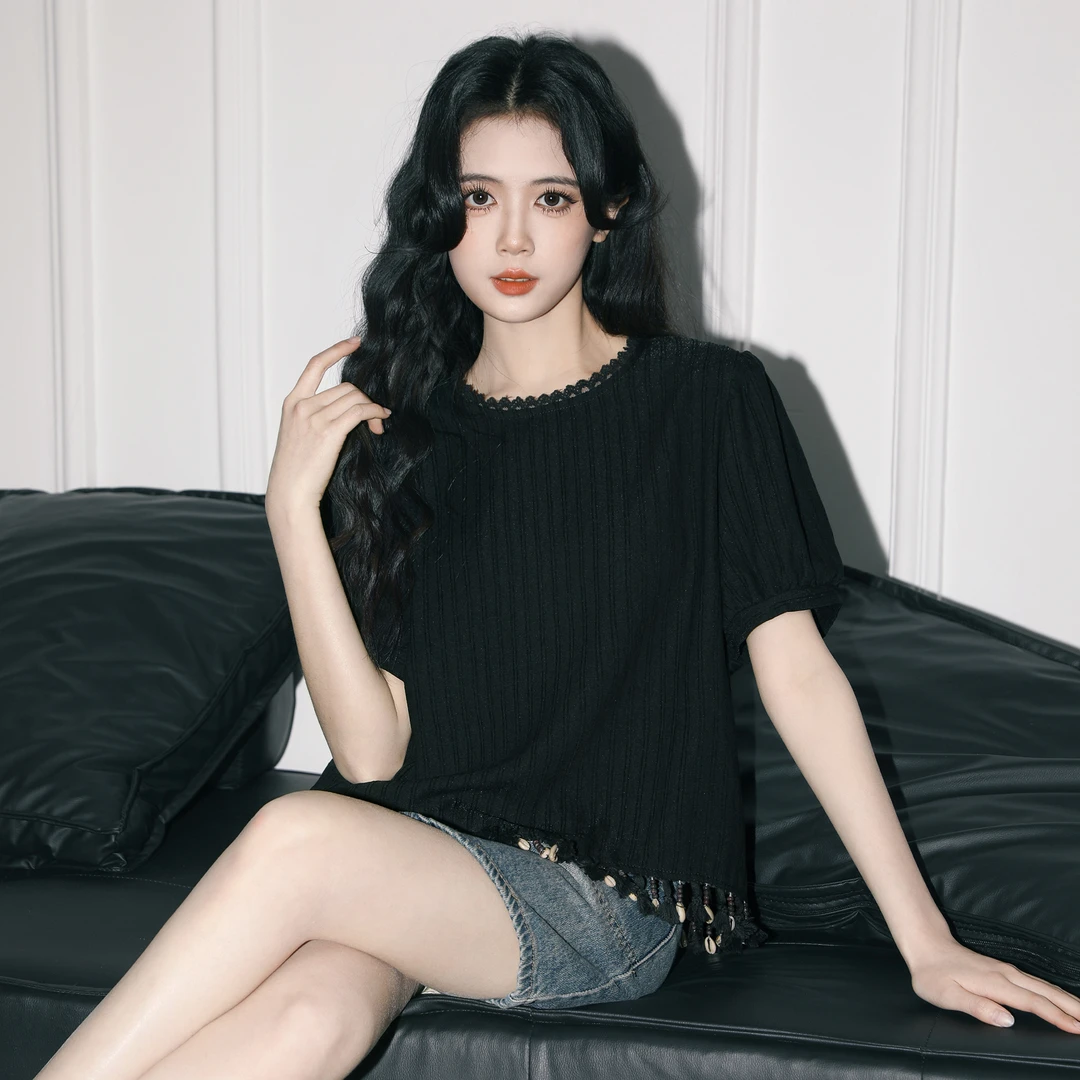 黑色流苏短袖T恤女夏2025春新款法式泡泡袖设计感体恤正肩短上衣