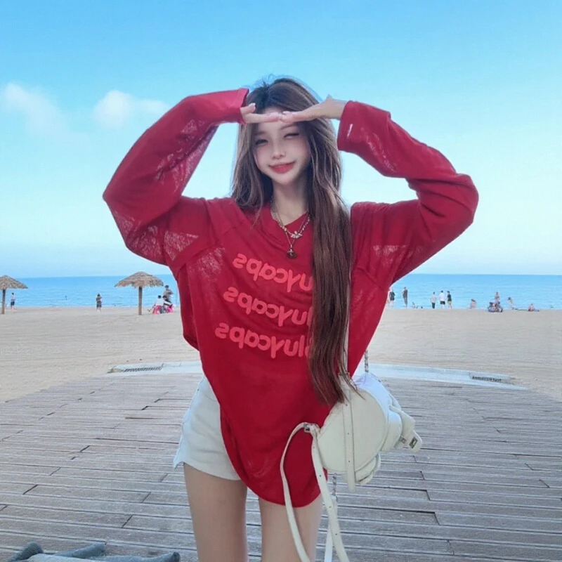 美式字母印花防晒长袖T恤女夏季薄款外搭宽松罩衫多巴胺穿搭上衣